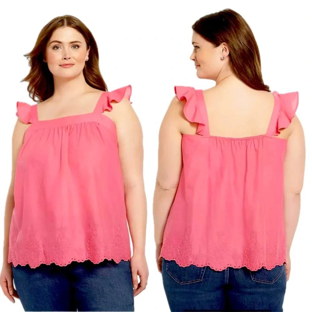 Lane Bryant Tank Top Size 16 Pink Embroidery Cotton Airy Breezy Square Neck